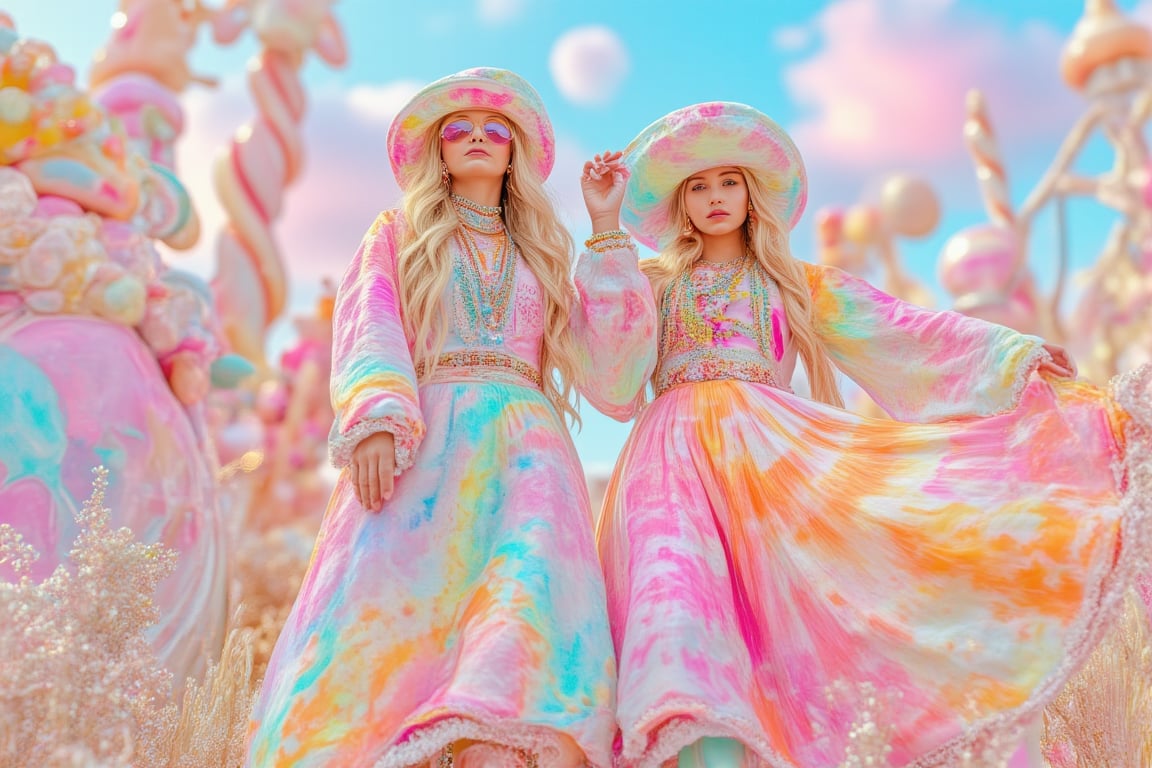 A vibrant bohemian vintage tie-dye fashion photoshoot set in a whimsical pastel Candytown wonderland universe. The models are dressed in colorful, candy-blended outfits with flowing fabrics in vivid tie-dye patterns, blending shades of pink, mint, and soft yellows. The backdrop features giant candy canes, pastel-colored buildings, and lollipop trees, creating a surreal, dreamlike environment. The lighting is soft and diffused, enhancing the pastel tones and adding a magical glow to the entire scene. The playful atmosphere is amplified by the models’ carefree poses and boho-chic accessories like oversized hats, chunky jewelry, and retro sunglasses. The candy-colored sky with cotton candy clouds adds to the otherworldly feel, making the entire scene a blend of vintage fashion and a fantastical, candy-inspired universe.,cinematic dramatic color style,VibrantGroove,EyeCandy