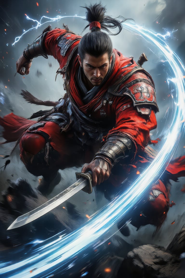 A photorealistic scene of a red-donned samurai airborne, executing a powerful downward slash from above. His katana swing leaves bold, exaggerated light trails that enhance the speed and strength of the descent. The red attire stands out against a blurred background, adding to the dynamic, high-intensity action of the airborne attack,High Speed,Hyperspeed,WildfireFury,red samurai,slashing,swinging