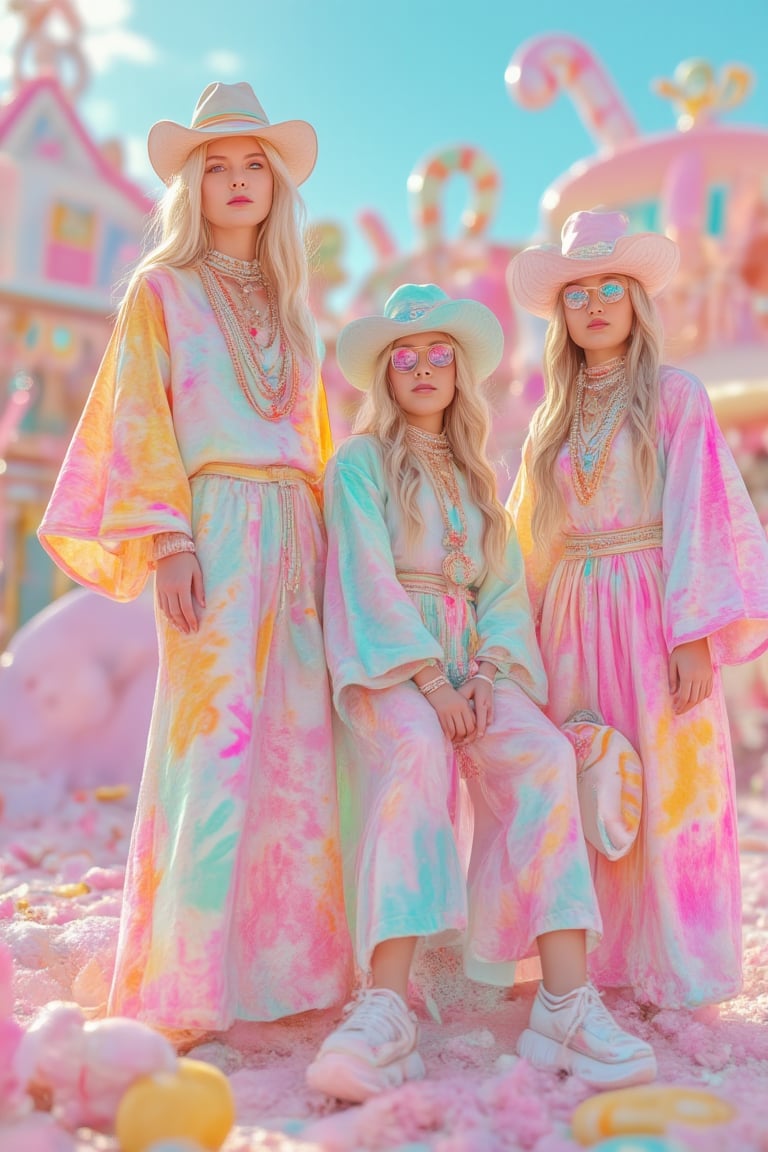 A vibrant bohemian vintage tie-dye fashion photoshoot set in a whimsical pastel Candytown wonderland universe. The models are dressed in colorful, candy-blended outfits with flowing fabrics in vivid tie-dye patterns, blending shades of pink, mint, and soft yellows. The backdrop features giant candy canes, pastel-colored buildings, and lollipop trees, creating a surreal, dreamlike environment. The lighting is soft and diffused, enhancing the pastel tones and adding a magical glow to the entire scene. The playful atmosphere is amplified by the models’ carefree poses and boho-chic accessories like oversized hats, chunky jewelry, and retro sunglasses. The candy-colored sky with cotton candy clouds adds to the otherworldly feel, making the entire scene a blend of vintage fashion and a fantastical, candy-inspired universe.,cinematic dramatic color style,VibrantGroove,EyeCandy