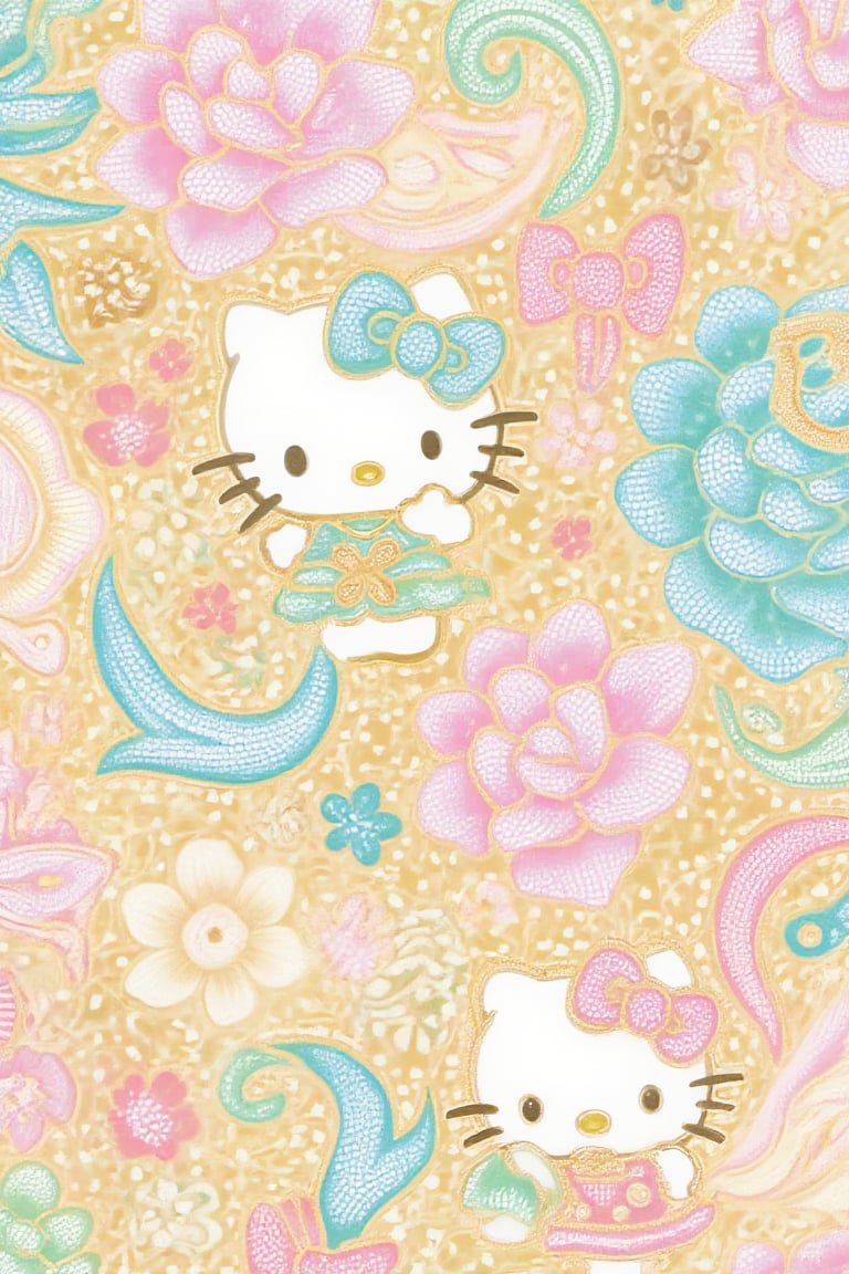 A delightful and adorable batik pattern featuring Hello Kitty seamlessly incorporated into the design. The batik pattern is filled with pastel-colored motifs, combining traditional batik swirls, flowers, and geometric shapes with Hello Kitty’s iconic kawaii, chibi style. Hello Kitty appears in various cute poses, surrounded by soft pastel pinks, baby blues, light yellows, and mint greens, all blending harmoniously into the batik elements. The pattern exudes a sweet and lovable vibe, with Hello Kitty’s bow and gentle smile adding to the overall charm. The design is playful, incorporating hearts, stars, and cute floral accents, creating an enchanting and lovable aesthetic that merges the traditional with the modern, kawaii appeal.,3DChibiHelloKitty,EyeCandy,BatikPattern