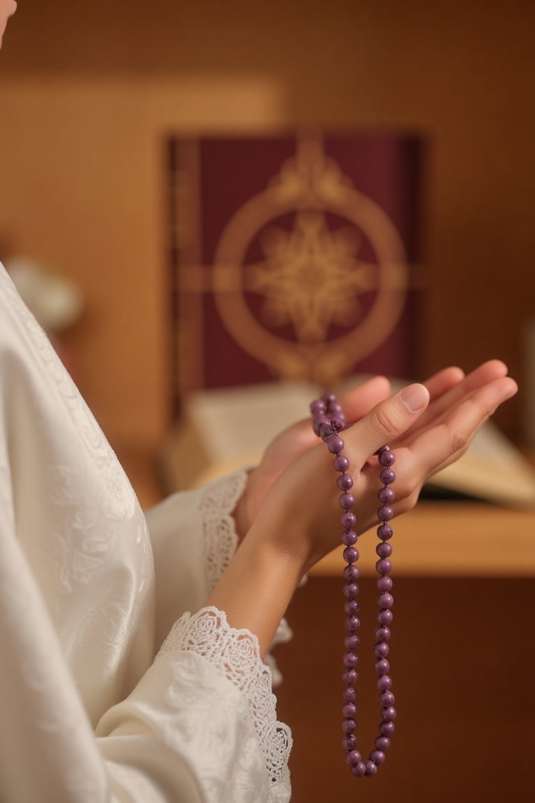 A full-body frontal shot, intimate image of a woman in prayer. Her hands are gently raised, cupped together with palms facing upward, conveying peace and devotion. She delicately holds a string of purple prayer beads in her right hand, with her fingers loosely aligned and slightly relaxed. She wears a white telekung, gracefully covering her wrists. The softly lit background features an out-of-focus Quran with a decorative cover, enhancing the spiritual atmosphere. The lighting is warm and natural, creating a serene and reverent ambiance,cinematic dramatic color style