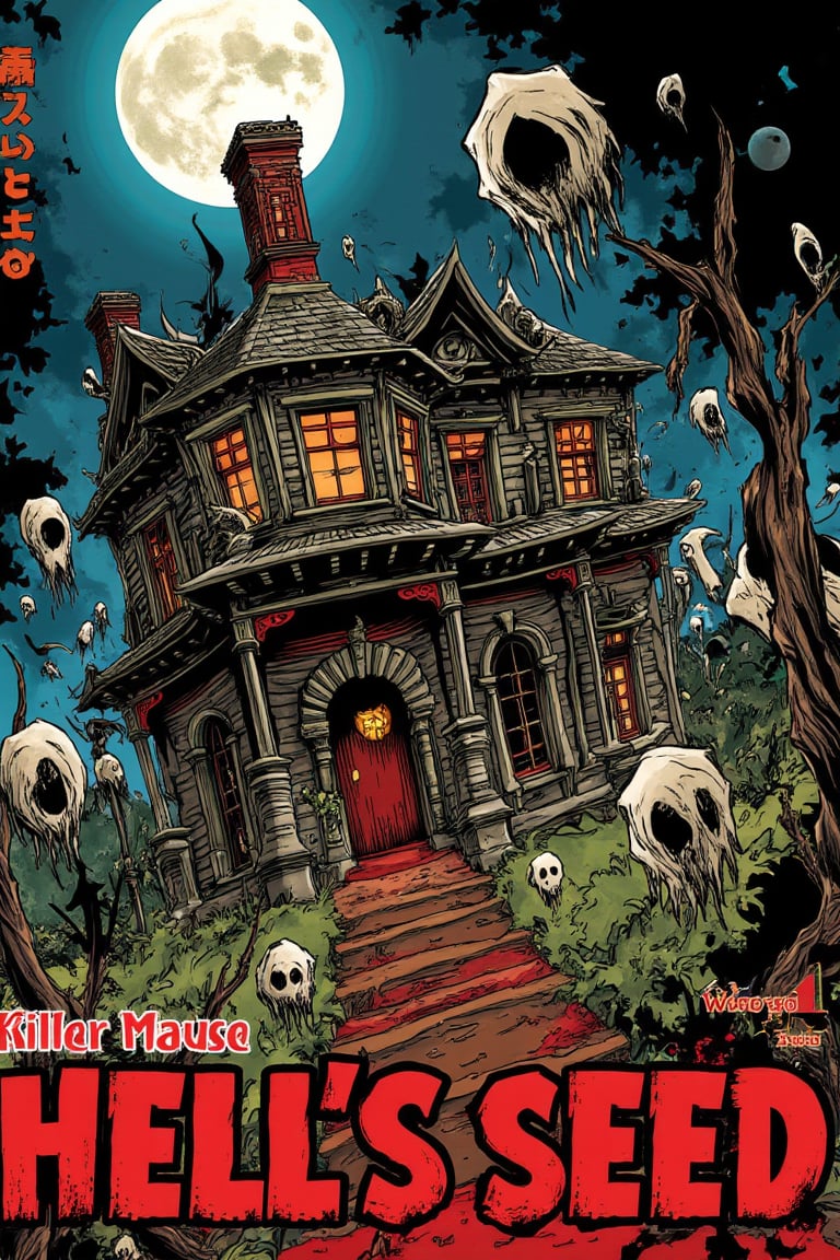 MangaCover of a japanese horror manga entitled "Hell's Seed" centering on macabre grimdark haunted house guarded by very scary asian ghosts