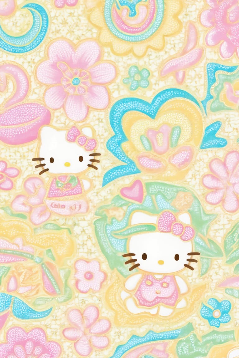 A delightful and adorable batik pattern featuring Hello Kitty seamlessly incorporated into the design. The batik pattern is filled with pastel-colored motifs, combining traditional batik swirls, flowers, and geometric shapes with Hello Kitty’s iconic kawaii, chibi style. Hello Kitty appears in various cute poses, surrounded by soft pastel pinks, baby blues, light yellows, and mint greens, all blending harmoniously into the batik elements. The pattern exudes a sweet and lovable vibe, with Hello Kitty’s bow and gentle smile adding to the overall charm. The design is playful, incorporating hearts, stars, and cute floral accents, creating an enchanting and lovable aesthetic that merges the traditional with the modern, kawaii appeal.,3DChibiHelloKitty,EyeCandy,BatikPattern