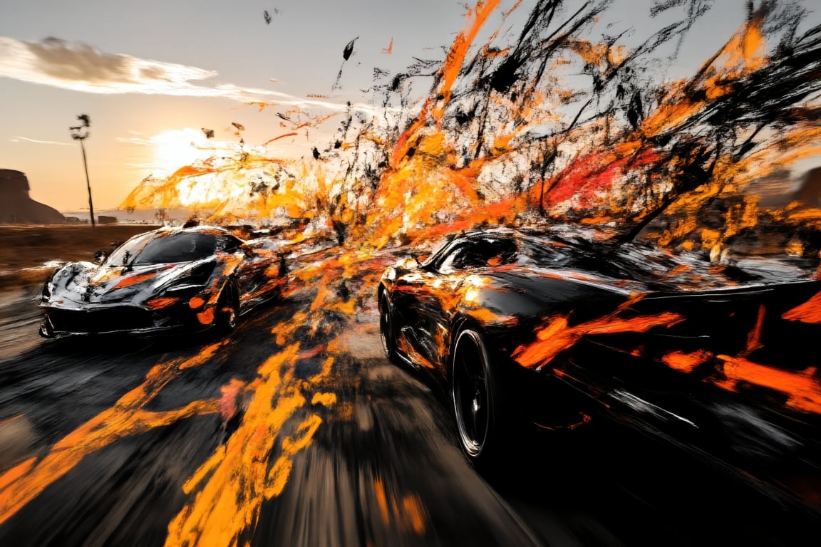 A stylized 3D render of a high-octane car race, showcasing three supercars in motion, their exaggerated aerodynamic forms accentuated by sweeping motion trails. The cars cut through a futuristic desert landscape at dusk, leaving bold streaks of color in their wake. The perspective is a low-angle close-up, emphasizing the power and speed of the machines. The sunset casts a golden glow over the horizon, contrasting against the cool metallic tones of the cars. Dust and debris swirl behind them, creating a whirlwind effect, with lighting highlights that emphasize the sheen and curvature of the speeding vehicles.,EmberPixelNoir,BrushstrokeSymphony