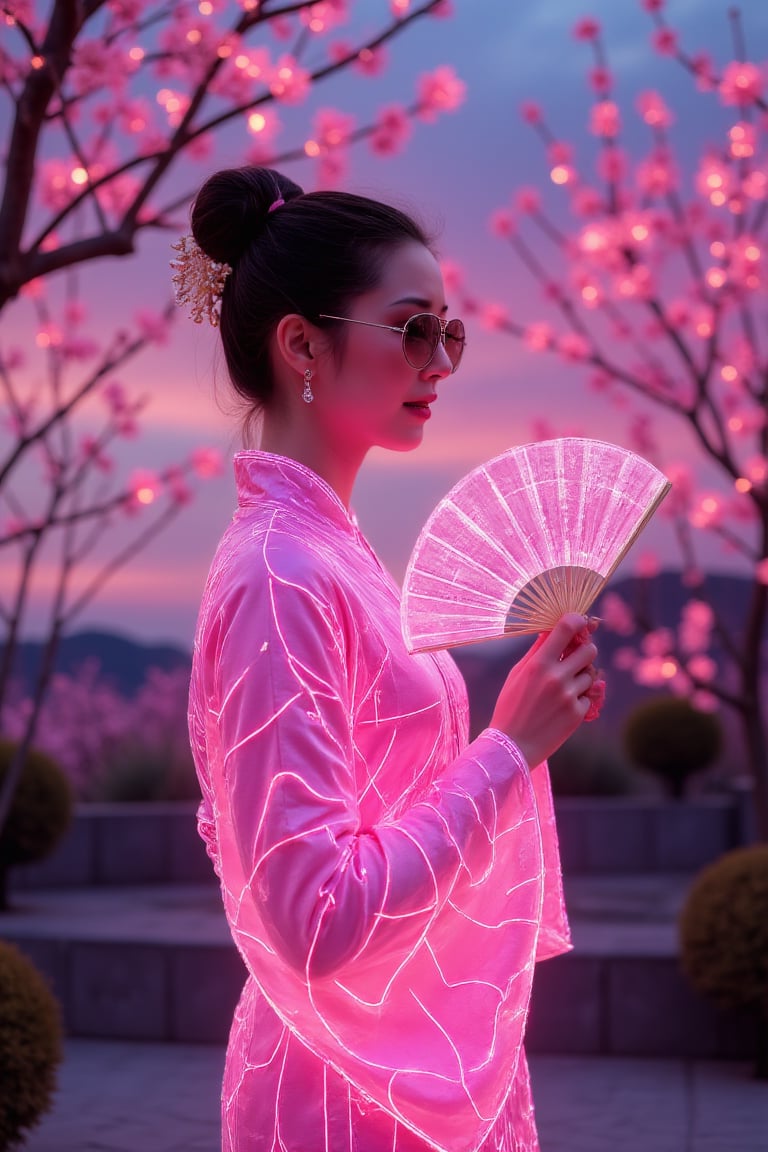 A lady in a glowing pink hanfu outlined in neon, her hand gracefully holding a fan, standing beneath vibrant neon cherry blossoms through a peaceful, futuristic temple garden at twilight. The scene is captured from a low angle, highlighting the neon outlines of her fan as it reflects the cherry blossoms' glow. Soft neon lighting creates a magical glimmer on her attire’s surface, with luminous accents emphasizing her serene expression. The background features blurred neon branches, all softened to emphasize her stillness. The neon sky complements the tranquil atmosphere.
(1.6-1) d S = δ Q rev T::[0.7] [lady]::[0.3] [neon-cherry_blossoms] --s [neon-hanfu],PTAIHanfu, Enchantment, Neon Wireframe,Carrera 5623 PD,sunglass