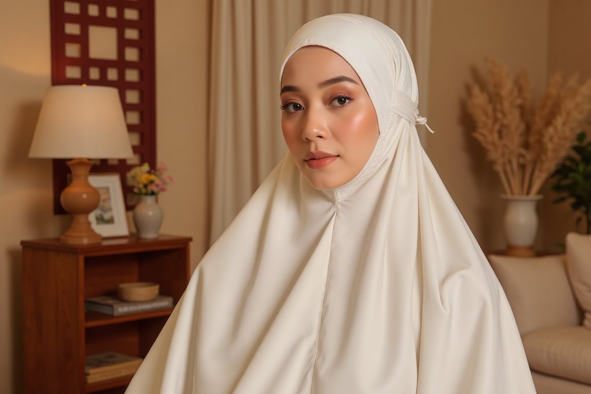 a beautiful and modest islamic fashion model wearing an elegant white colored telekung, interior decorated home studio background, studio lighting, premium wear commercial,cinematic dramatic color style