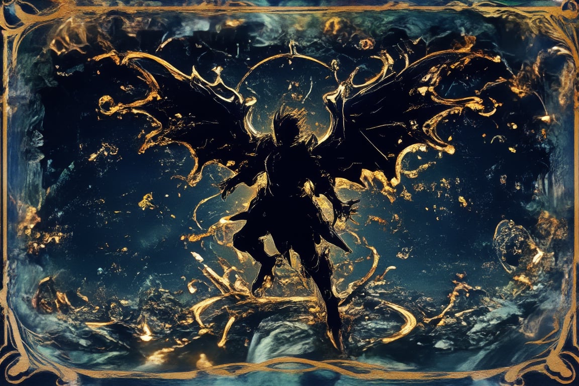 A majestic black and gold regal magical card showcasing the silhouette of a powerful dragon knight, exuding a royal class aura. The card features ornate golden borders, with intricate filigree designs and mystical symbols etched into the frame, enhancing its luxurious appeal. At the center, the dragon knight's silhouette stands tall and commanding, with wings slightly unfurled, radiating power and authority. A golden glow outlines the figure, giving it a mystical and regal essence. The background is filled with swirling black and gold patterns, resembling ancient magic and runic inscriptions, while faint rays of light shine from behind the knight, casting a divine glow. The overall composition is elegant and awe-inspiring, with the black and gold color scheme amplifying the sense of grandeur and royal prestige, making the card a rare and highly coveted treasure, BlueRegalCard,MidnightEmber,QuantumDynasty