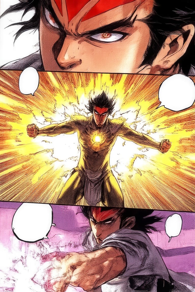 A manga panel sequence featuring a warrior with red marks on his forehead. Panel 1: Close-up portrait showing his determined expression. Panel 2: The warrior charges energy, surrounded by a powerful aura, with a roaring expression. Panel 3: The warrior punches forward, fully extending his clenched fist, with a fierce expression. Each panel has a blank speech bubble,Belang Tarung,MangaPanel