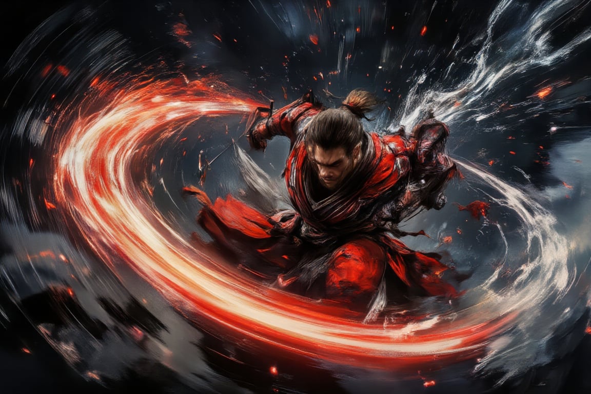 A photorealistic scene of a red-donned samurai running at super high speed, mid-swing with his katana, slicing his opponent in half. Exaggerated light trails illuminate the katana swing, emphasizing the swift, powerful slash. Red attire contrasts dynamically against the blurred background, heightening the sense of high-speed action and intensity,High Speed,Hyperspeed,WildfireFury,cinematic dramatic color style,red samurai,slashing,swinging