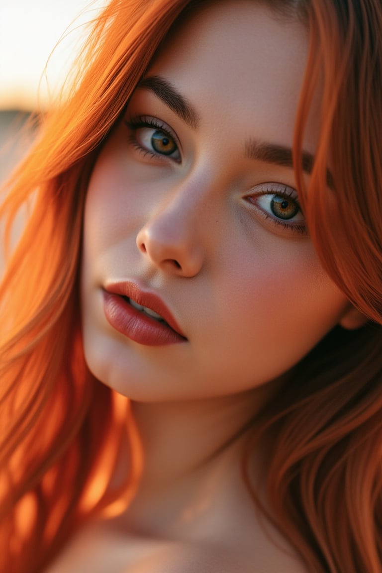 medium shot, professional film photography 1girl, 23yo, official art, , extremely detailed ,colorful, highest detailed, stunning beauty, red hair, pale skin , the creamy smooth skin, sparkling eyes , catchlights, desert at sunset, best photographic quality, cinematic lighting, dof, analog film grain,
