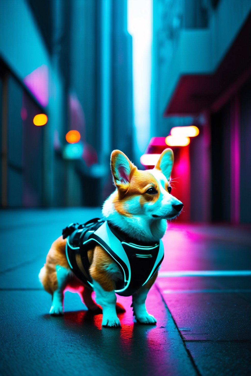 Capture a futuristic scene with a digital camera,  featuring a corgi android in cyberpunk style. Use a Nikon D7500 with a...