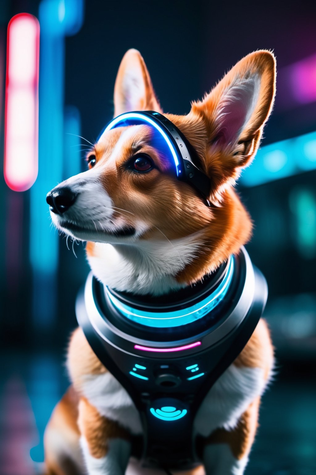 Capture a futuristic scene with a digital camera,  featuring a corgi android in cyberpunk style. Use a Nikon D7500 with a...