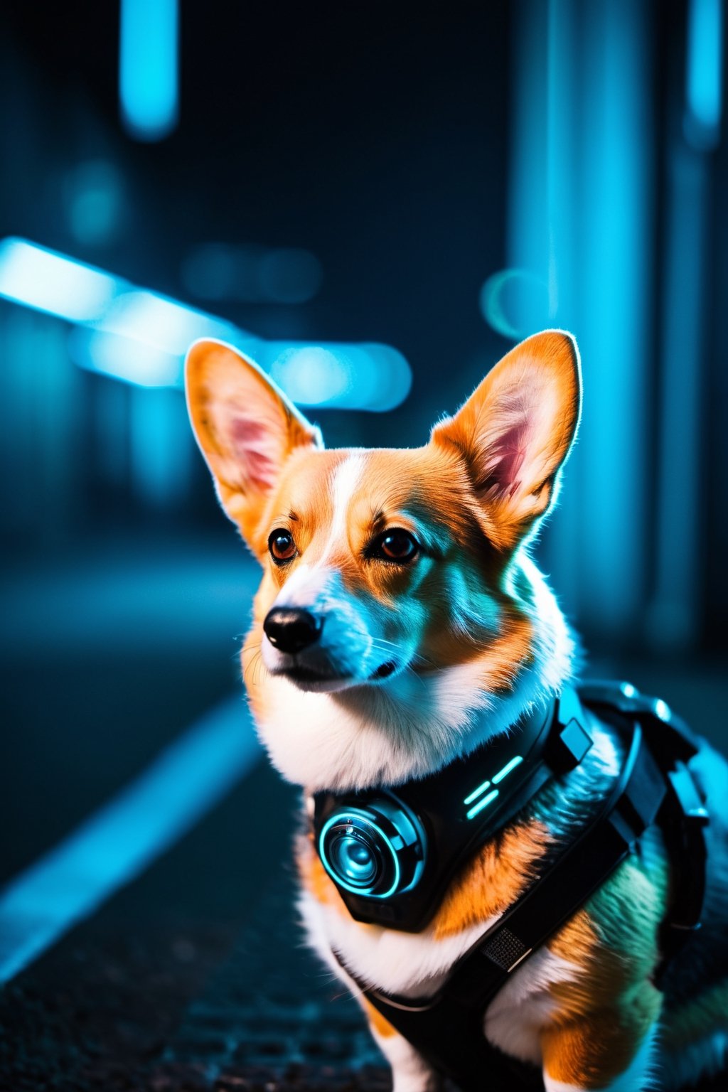 Capture a futuristic scene with a digital camera,  featuring a corgi android in cyberpunk style. Use a Nikon D7500 with a...