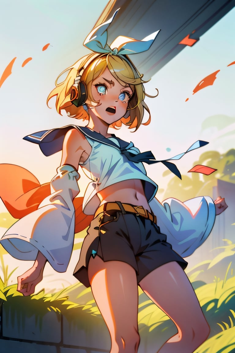 masterpiece, best quality, Rin Kagamine, glowing eyes, short hair, number tattoo, bow, white shirt, detached sleeves, belt, sailor collar, headphones, shorts, leg warmers