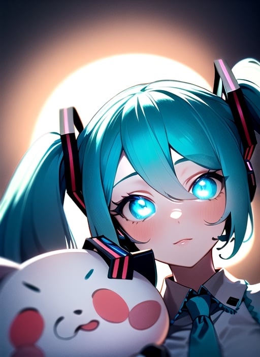 masterpiece, good lighting, perfectly detailed, best quality, masterpiece, perfectly detailed, (Hatsune Miku, glowing eyes), (Cinnamon Miku, bow on head, glowing eyes, rabbit doll with bow on head), ,AGGA_ST005