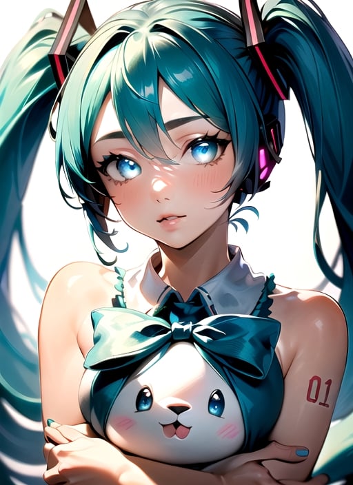 masterpiece, good lighting, perfectly detailed, best quality, masterpiece, perfectly detailed, (Hatsune Miku, glowing eyes), (Cinnamon Miku, bow on head, glowing eyes, rabbit doll with bow on head), ,AGGA_STH001