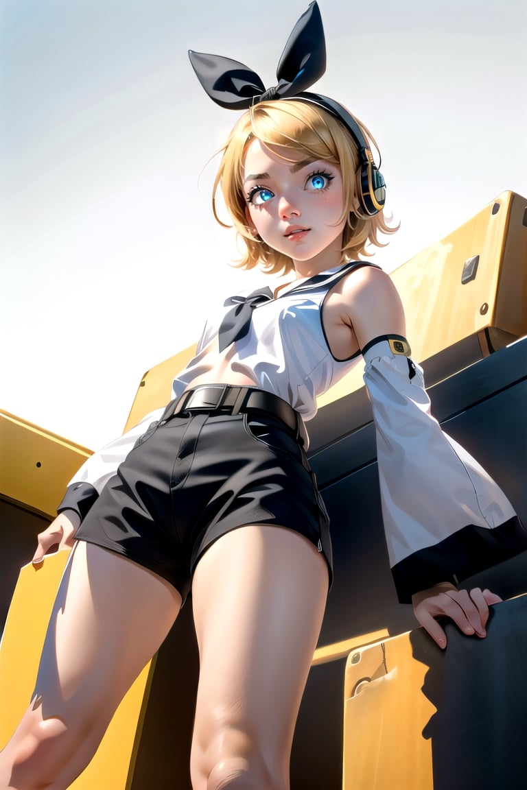 masterpiece, best quality, Rin Kagamine, glowing eyes, short hair, number tattoo, bow, white shirt, detached sleeves, belt, sailor collar, headphones, shorts, leg warmers, 