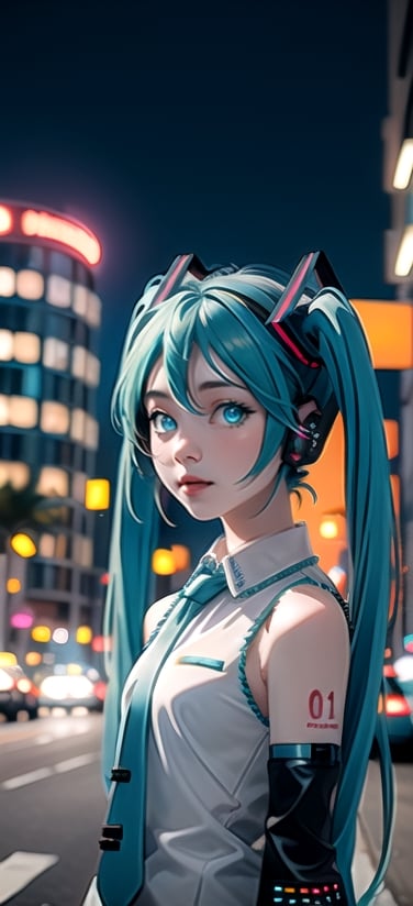 centered, upper body, masterpiece, | Hatsune Miku, (blue hair color), (long twin tails hairstyle), | standing, looking at viewer, | city, urban, street, city lights, | night, bokeh, depth of field,mikudef,(Hatsune Miku, glowing eyes)