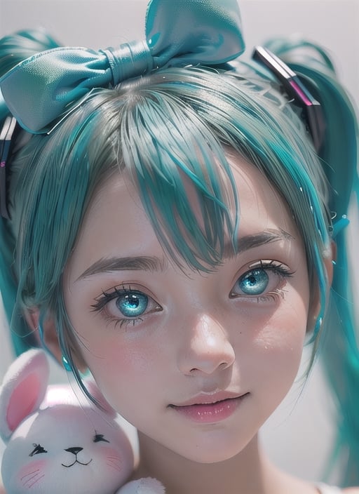 masterpiece, good lighting, perfectly detailed, best quality, masterpiece, perfectly detailed, (Hatsune Miku, glowing eyes), (Cinnamon Miku, bow on head, glowing eyes, rabbit doll with bow on head),(Hatsune Miku,(Cinnamon Miku, 