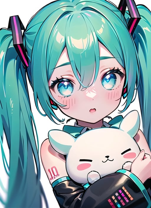 masterpiece, good lighting, perfectly detailed, best quality, masterpiece, perfectly detailed, (Hatsune Miku, glowing eyes), (Cinnamon Miku, bow on head, glowing eyes, rabbit doll with bow on head),(Hatsune Miku,(Cinnamon Miku