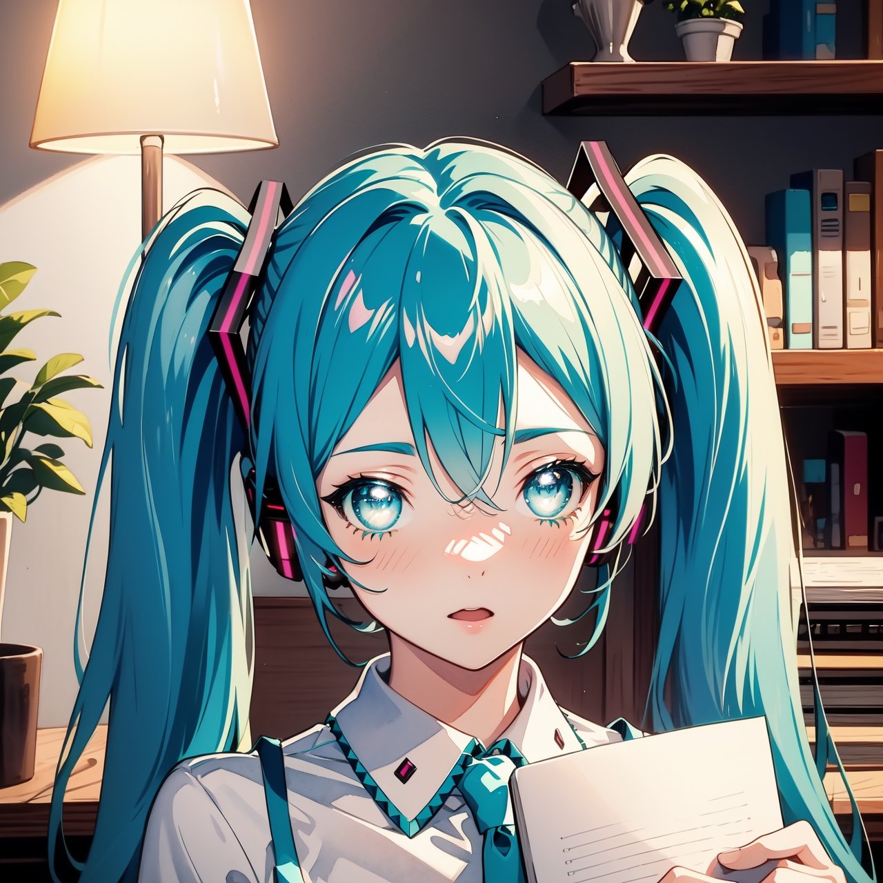 (Artwork), (masterpiece), (incredible illustration), (Pixiv anime), (watercolor), (best quality), (extremely detailed 8k CG wallpaper), (eye, face, expression details), a cute girl, long blue hair, intense bright green eyes, hair styled in pigtails, background of a teenager's room with various items, a desk with a notebook, a lamp, indirect linear lighting. ,mikudef,(Hatsune Miku, glowing eyes)