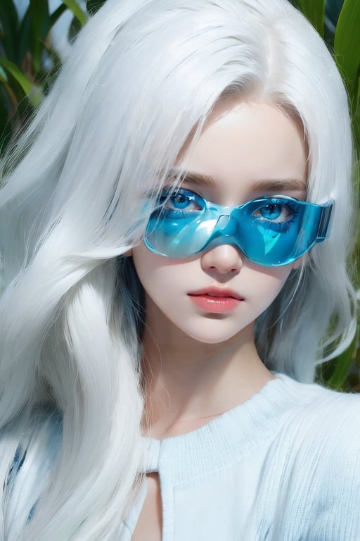 masterpiece,Detailedface, perfect eyes, ,suujiniku,,1girl, Long hair, White hair, (blue eyes:1.4), Big breast, white boots,,Saiyan Scouter,  (Saiyan Scouter Glass: transparent green glass, covers only one eye),1 girl,AGGA_ST001