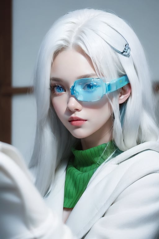 masterpiece,Detailedface, perfect eyes, ,suujiniku,,1girl, Long hair, White hair, (blue eyes:1.4), Big breast, white boots,,Saiyan Scouter,  (Saiyan Scouter Glass: transparent green glass, covers only one eye),1 girl,AGGA_ST001