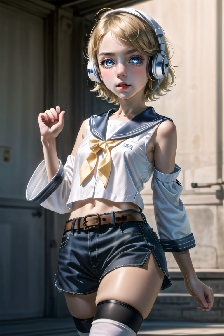 masterpiece, best quality, Rin Kagamine, glowing eyes, short hair, number tattoo, bow, white shirt, detached sleeves, belt, sailor collar, headphones, shorts, leg warmers, 