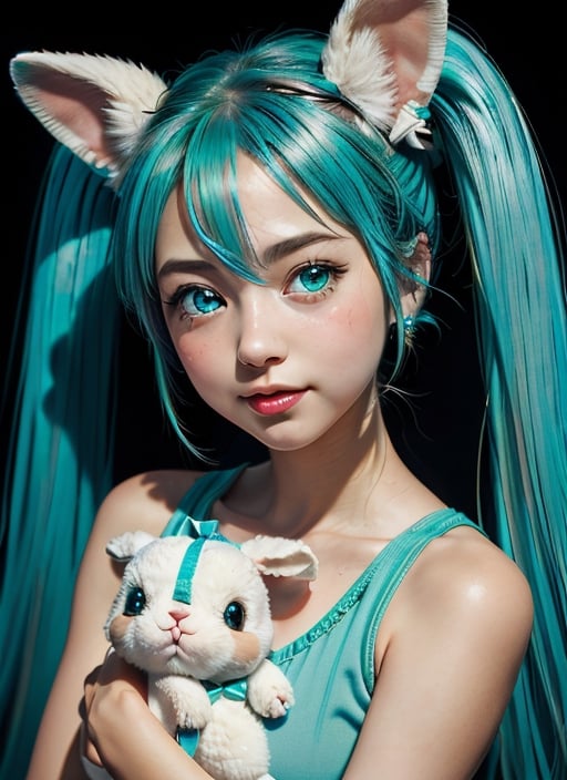 masterpiece, good lighting, perfectly detailed, best quality, masterpiece, perfectly detailed, (Hatsune Miku, glowing eyes), (Cinnamon Miku, bow on head, glowing eyes, rabbit doll with bow on head),(Hatsune Miku,(Cinnamon Miku