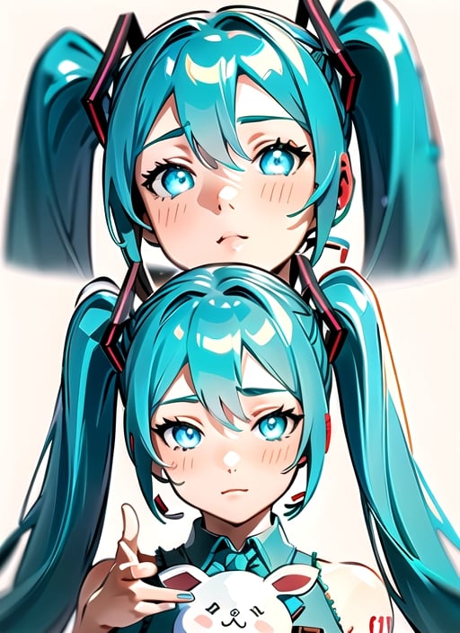 masterpiece, good lighting, perfectly detailed, best quality, masterpiece, perfectly detailed, (Hatsune Miku, glowing eyes), (Cinnamon Miku, bow on head, glowing eyes, rabbit doll with bow on head), ,IncursioThrowingAFatRat,(Hatsune Miku,(Cinnamon Miku