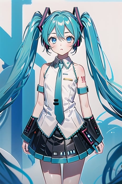 wear the miku costume,blue hair,blue eyes,beutiful,tall girl,not tied,blue Eyes,there is a hint of  blue under his hair,mikudef | wear a blue tie,no_humans, (Hatsune Miku, glowing eyes)