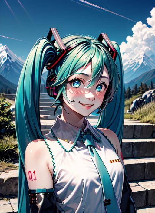 masterpiece, good lighting, perfectly detailed, best quality, masterpiece, perfectly detailed, (Hatsune Miku, glowing eyes), mikunt, upper body, smile, blush, outdoors, day, simple background, blue sky, sky, temple, looking at viewer, stairs, mountain, moody lighting, facing viewer,(Hatsune Miku