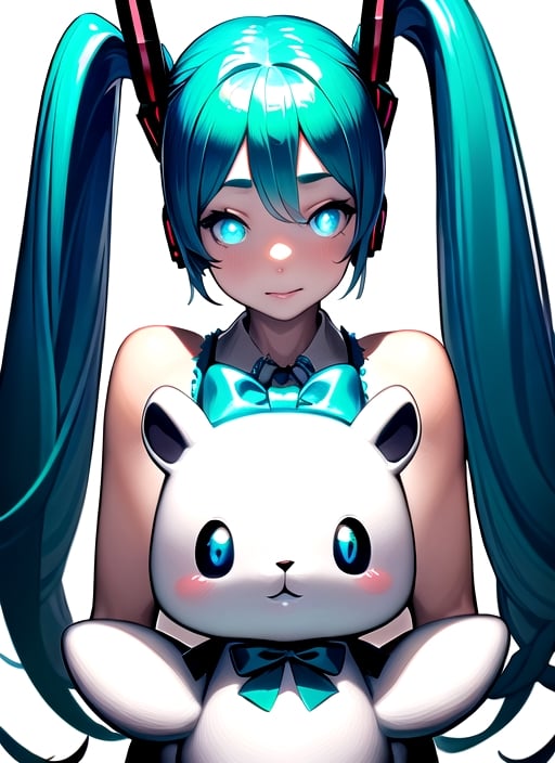 masterpiece, good lighting, perfectly detailed, best quality, masterpiece, perfectly detailed, (Hatsune Miku, glowing eyes), (Cinnamon Miku, bow on head, glowing eyes, rabbit doll with bow on head),  ,AGGA_STH003