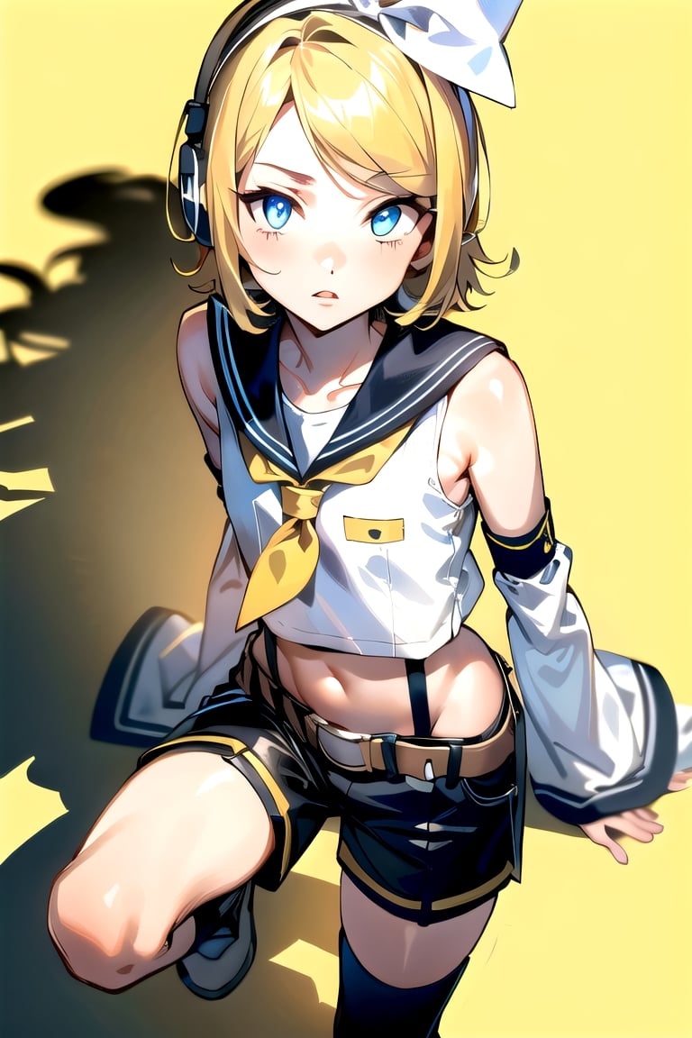 masterpiece, best quality, Rin Kagamine, glowing eyes, short hair, number tattoo, bow, white shirt, detached sleeves, belt, sailor collar, headphones, shorts, leg warmers