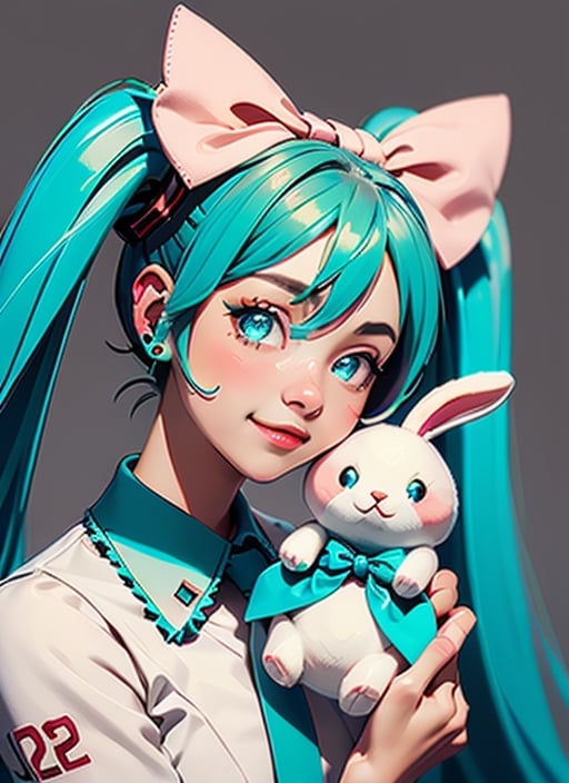 masterpiece, good lighting, perfectly detailed, best quality, masterpiece, perfectly detailed, (Hatsune Miku, glowing eyes), (Cinnamon Miku, bow on head, glowing eyes, rabbit doll with bow on head)