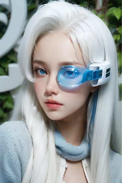 masterpiece,Detailedface, perfect eyes, ,suujiniku,,1girl, Long hair, White hair, (blue eyes:1.4), Big breast, white boots,,Saiyan Scouter,  (Saiyan Scouter Glass: transparent green glass, covers only one eye),1 girl,AGGA_ST001