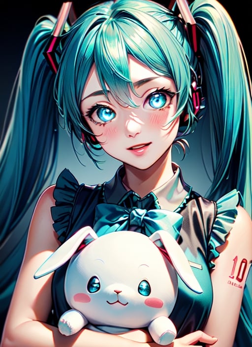 masterpiece, good lighting, perfectly detailed, best quality, masterpiece, perfectly detailed, (Hatsune Miku, glowing eyes), (Cinnamon Miku, bow on head, glowing eyes, rabbit doll with bow on head),(Hatsune Miku,(Cinnamon Miku