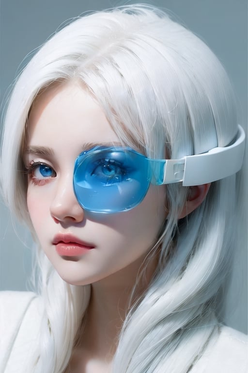 masterpiece,Detailedface, perfect eyes, ,suujiniku,,1girl, Long hair, White hair, (blue eyes:1.4), Big breast, white boots,,Saiyan Scouter,  (Saiyan Scouter Glass: transparent green glass, covers only one eye),1 girl,AGGA_ST001