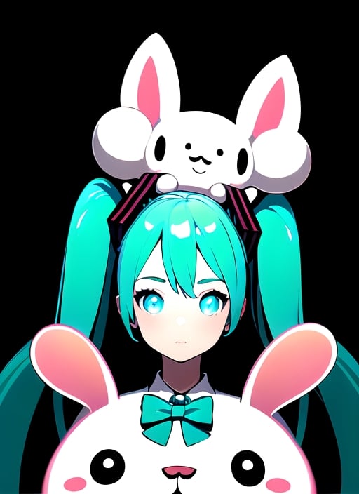 masterpiece, good lighting, perfectly detailed, best quality, masterpiece, perfectly detailed, (Hatsune Miku, glowing eyes), (Cinnamon Miku, bow on head, glowing eyes, rabbit doll with bow on head),  ,AGGA_STH003