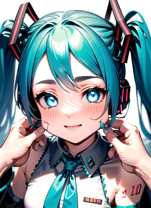 masterpiece, good lighting, perfectly detailed, best quality, masterpiece, perfectly detailed, (Hatsune Miku, glowing eyes), (Cinnamon Miku, bow on head, glowing eyes, rabbit doll with bow on head), ,PinchingPOV