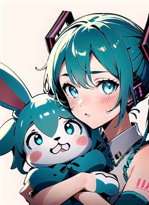 masterpiece, good lighting, perfectly detailed, best quality, masterpiece, perfectly detailed, (Hatsune Miku, glowing eyes), (Cinnamon Miku, bow on head, glowing eyes, rabbit doll with bow on head), ,AGGA_ST007