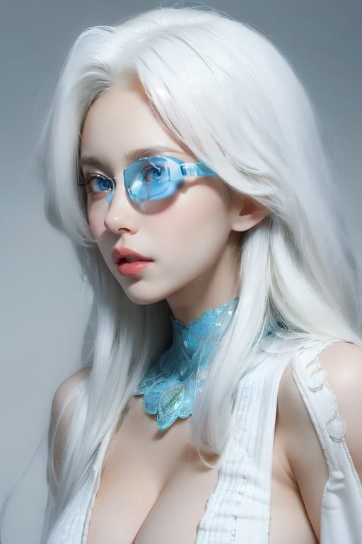 masterpiece,Detailedface, perfect eyes, ,suujiniku,,1girl, Long hair, White hair, (blue eyes:1.4), Big breast, white boots,,Saiyan Scouter,  (Saiyan Scouter Glass: transparent green glass, covers only one eye),1 girl,AGGA_ST001