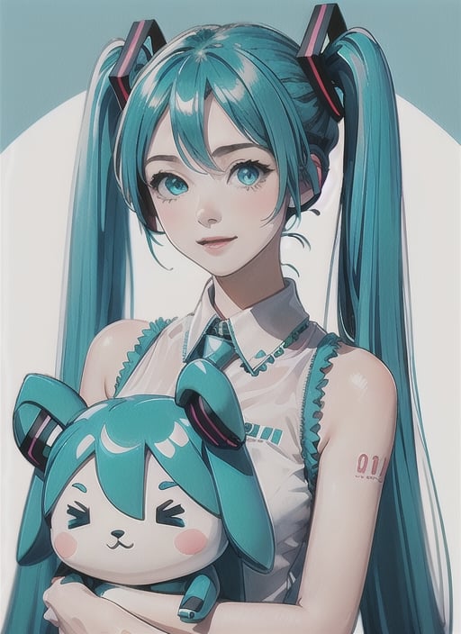 masterpiece, good lighting, perfectly detailed, best quality, masterpiece, perfectly detailed, (Hatsune Miku, glowing eyes), (Cinnamon Miku, bow on head, glowing eyes, rabbit doll with bow on head),(Hatsune Miku,(Cinnamon Miku