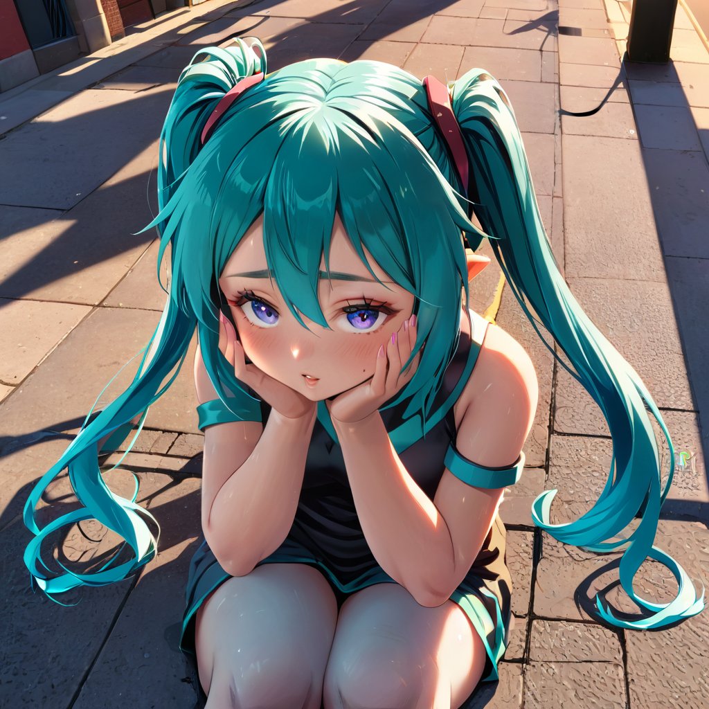 Close-up shot of Hatsune Miku's slumped figure on a city street, late afternoon sun casting long shadows behind her. She sits with her head bowed, hands cradling her forehead in a gesture of exhaustion. The worn pavement and faded streetlights surround her, capturing the stark contrast between her vibrant digital persona and this moment of vulnerability.