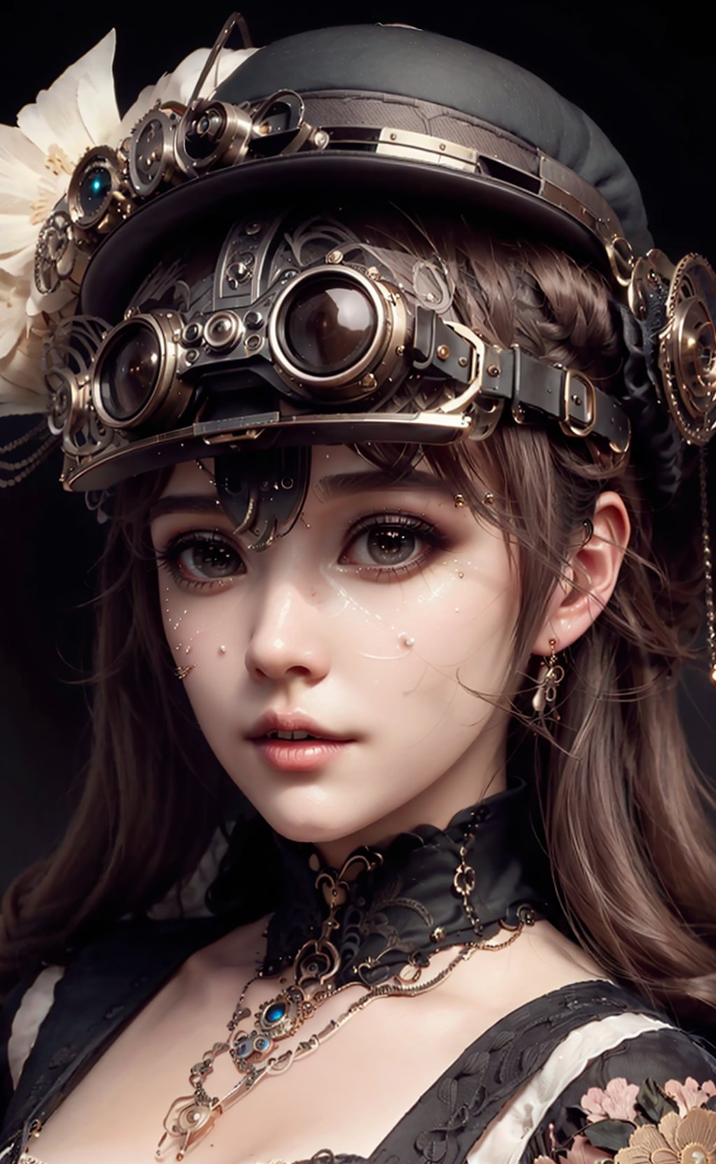 close up, 1girl, lady in VR gear, oculus, victorian dress, shiny skin, cinematography, crafted, elegant, meticulous, magnificent, maximum details, extremely hyper aesthetic, intricately detailed, supersteampunk style