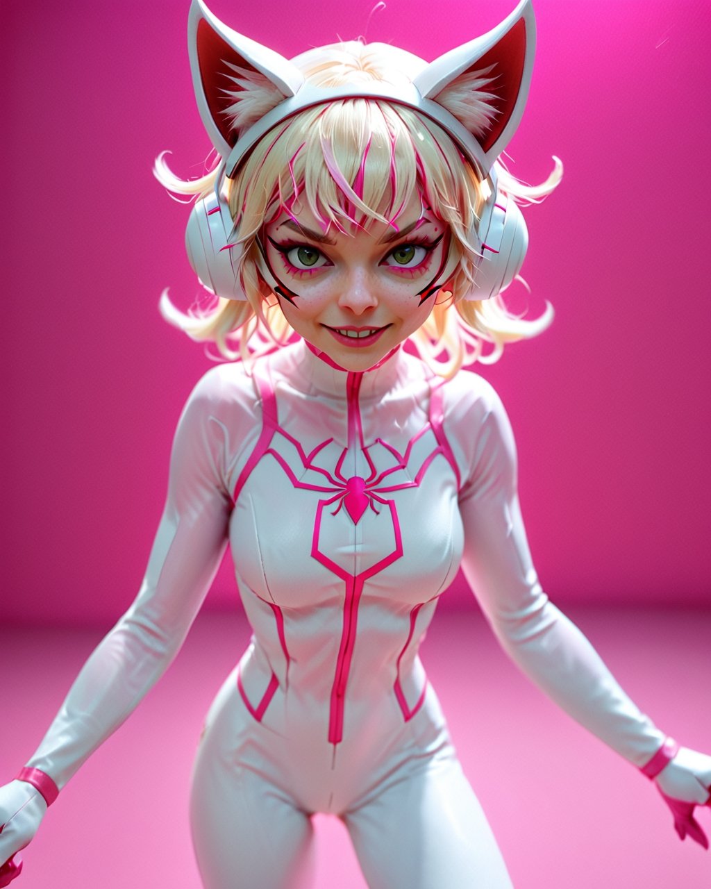 kittygirl, cat ears, headset, Photo of gwen stacy as spider-woman from the movie spiderman across the spider-verse, pure white costume with light pink trim , blonde hair smiling, soaring through the air

