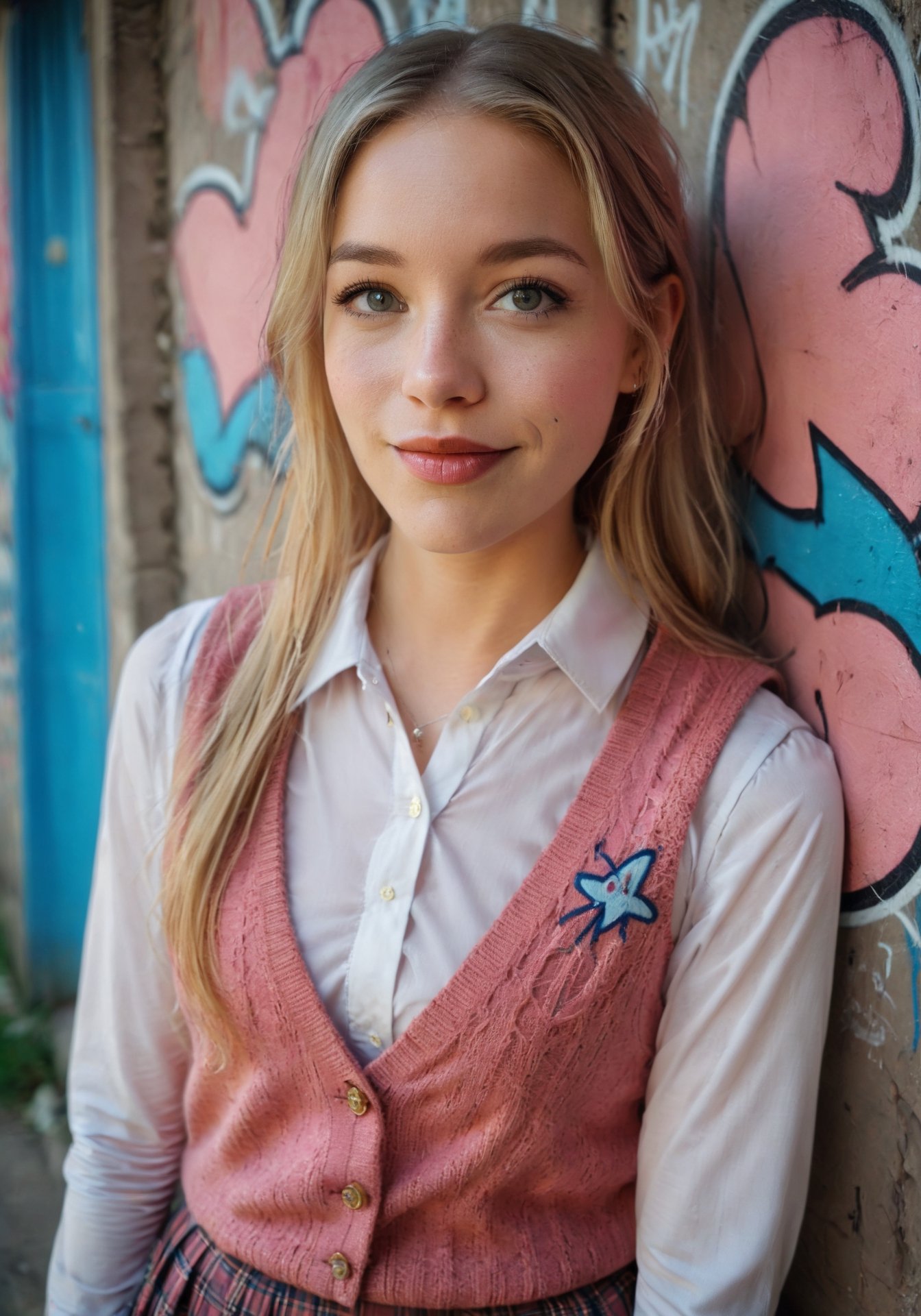 gorgeous dutch girl, cute smile, perfect straight blonde hair, school uniform, necktie, pink vest, sweater vest, collared shirt, long sleeves, pleated skirt, pantyhose, lean against the wall, backstreet, (graffiti on the wall), CindyR