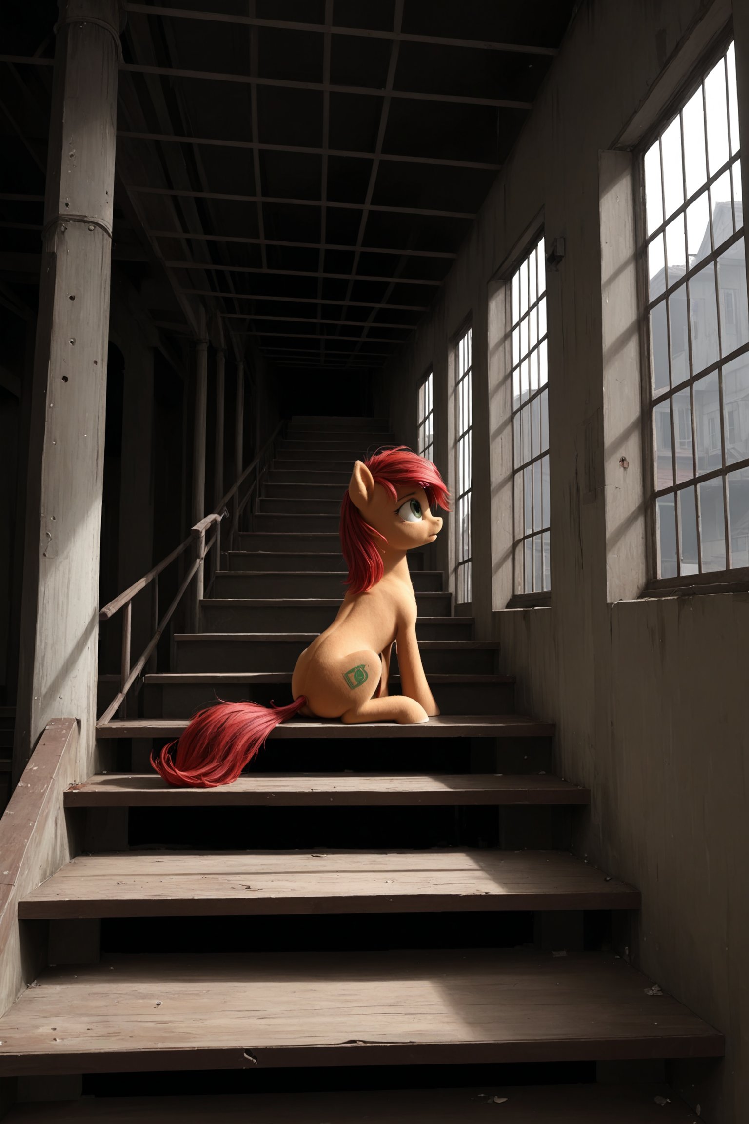 anime girl, red hair, pony tail hairstyle, green eyes, depressed, sitting on stairs of an abandoned building of Elders Scrolls game,
,SFW,cartoon ,cheap cartoon