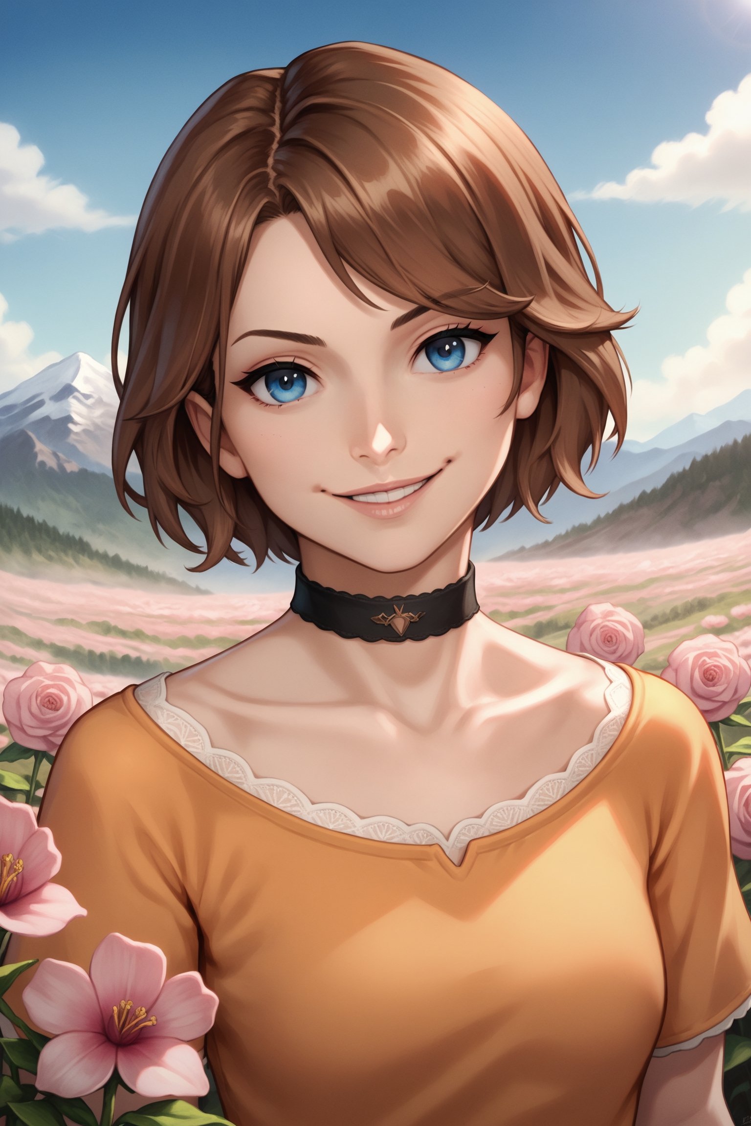 (realistic,painting_style,)young, 1girl, solo, amelia watson, virtual youtuber, long brown hair, blue eyes, choker, flower, short hair, realistic eyes, head tilt, smug, looking_at_viewer, sky, mountain, outdoors, cloud, bangs, upper body, pink flower, collarbone, orange shirt, parted lips, lips, lace trim, smile, black choker, mountainous horizon, cloudy sky, standing, holding_flowers
,uwudemon, cinematic moviemaker style,stalker,SFW