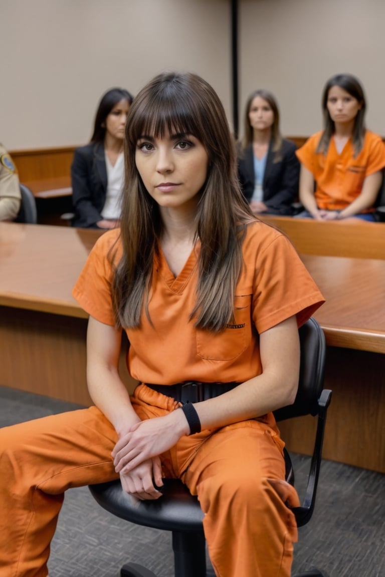 A photo of a young woman in an orange prison jumpsuit. She has long straight brown hair with bangs and is wearing a black biting bandage on her left hand sitting at the backrest inside a courtroom while a judge sits behind the bench..,renny the insta girl,